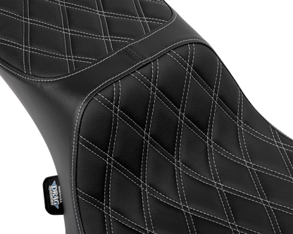 Drag Specialties Seats Performance Predator 2-up motorcycle seat with extended reach, silver double diamond stitch, for enhanced rider comfort.