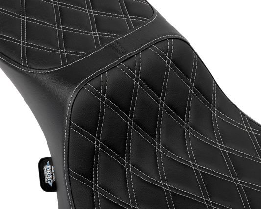Drag Specialties Seats Performance Predator 2-up motorcycle seat with extended reach, silver double diamond stitch, for enhanced rider comfort.