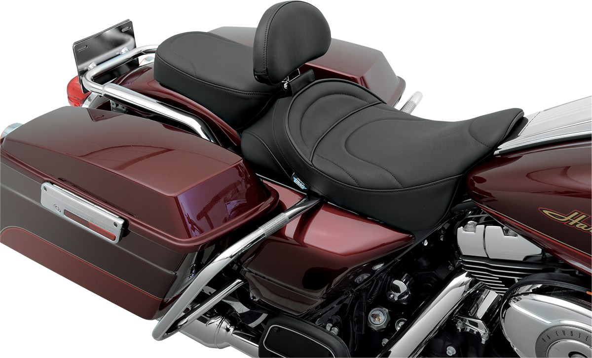Drag Specialties pillion seat for FL 1999-2022, narrow and mild stitched, motorcycle seat with comfortable padding and stylish design.