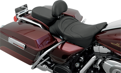 Drag Specialties pillion seat for FL 1999-2022, narrow and mild stitched, motorcycle seat with comfortable padding and stylish design.