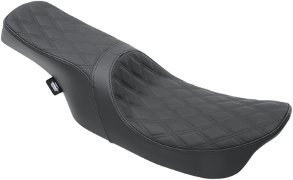 Black Drag Specialties Predator 2-Up seat for Harley-Davidson FL 1999-2007 with double diamond pattern and black stitching.
