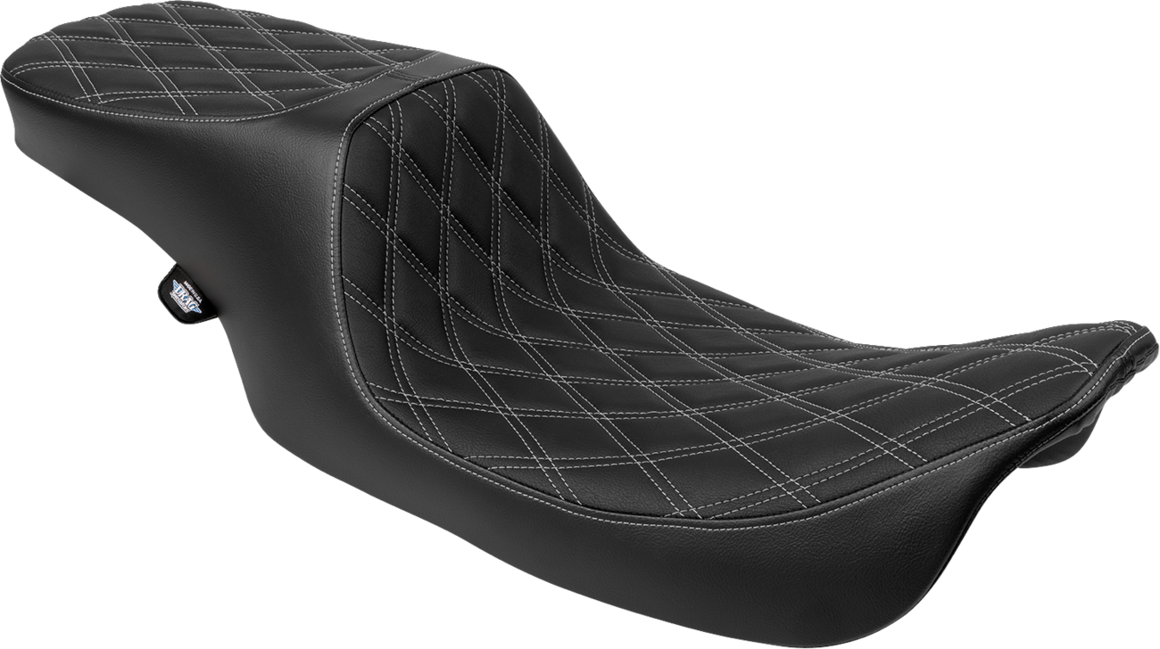 Drag Specialties Predator 2-up seat for Harley FL 1997-2007 with double diamond vinyl and silver stitching.