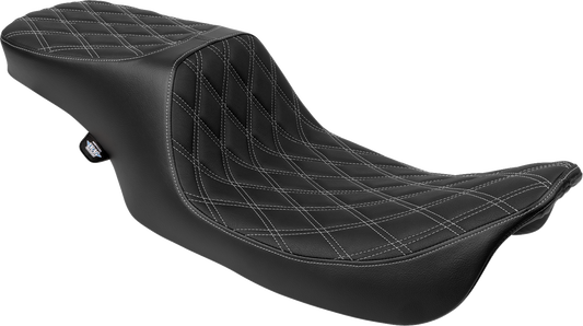 Drag Specialties Predator 2-up seat for Harley FL 1997-2007 with double diamond vinyl and silver stitching.