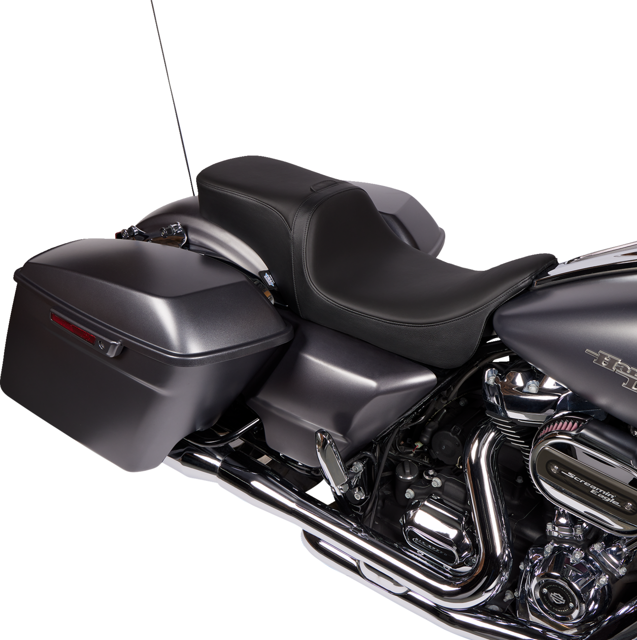 Drag Specialties Predator 2-up seat with backrest for Harley FL 2008-2023, solar leather, smooth finish, designed for comfort.