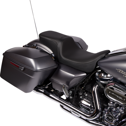Drag Specialties Predator 2-up seat with backrest for Harley FL 2008-2023, solar leather, smooth finish, designed for comfort.