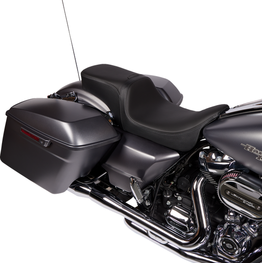 Drag Specialties Predator 2-up seat with backrest for Harley FL 2008-2023, solar leather, smooth finish, designed for comfort.