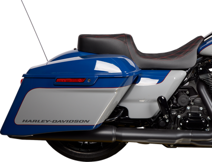 Drag Specialties Predator 2-up seat with vinyl cover and double diamond red stitch for Harley FL 2008-2023, part number 0801-1494.