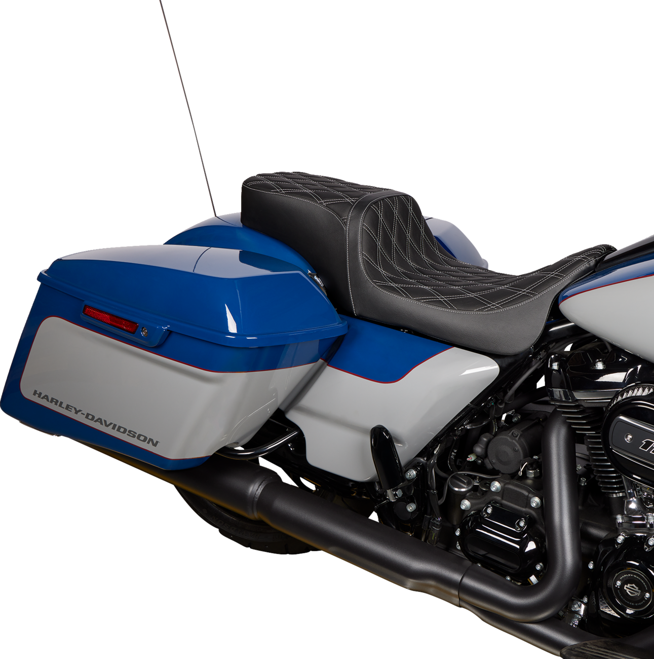 Drag Specialties Predator 2-Up Seat with vinyl cover and double diamond silver stitching for Harley FL 2008-2023, part #0801-1492.