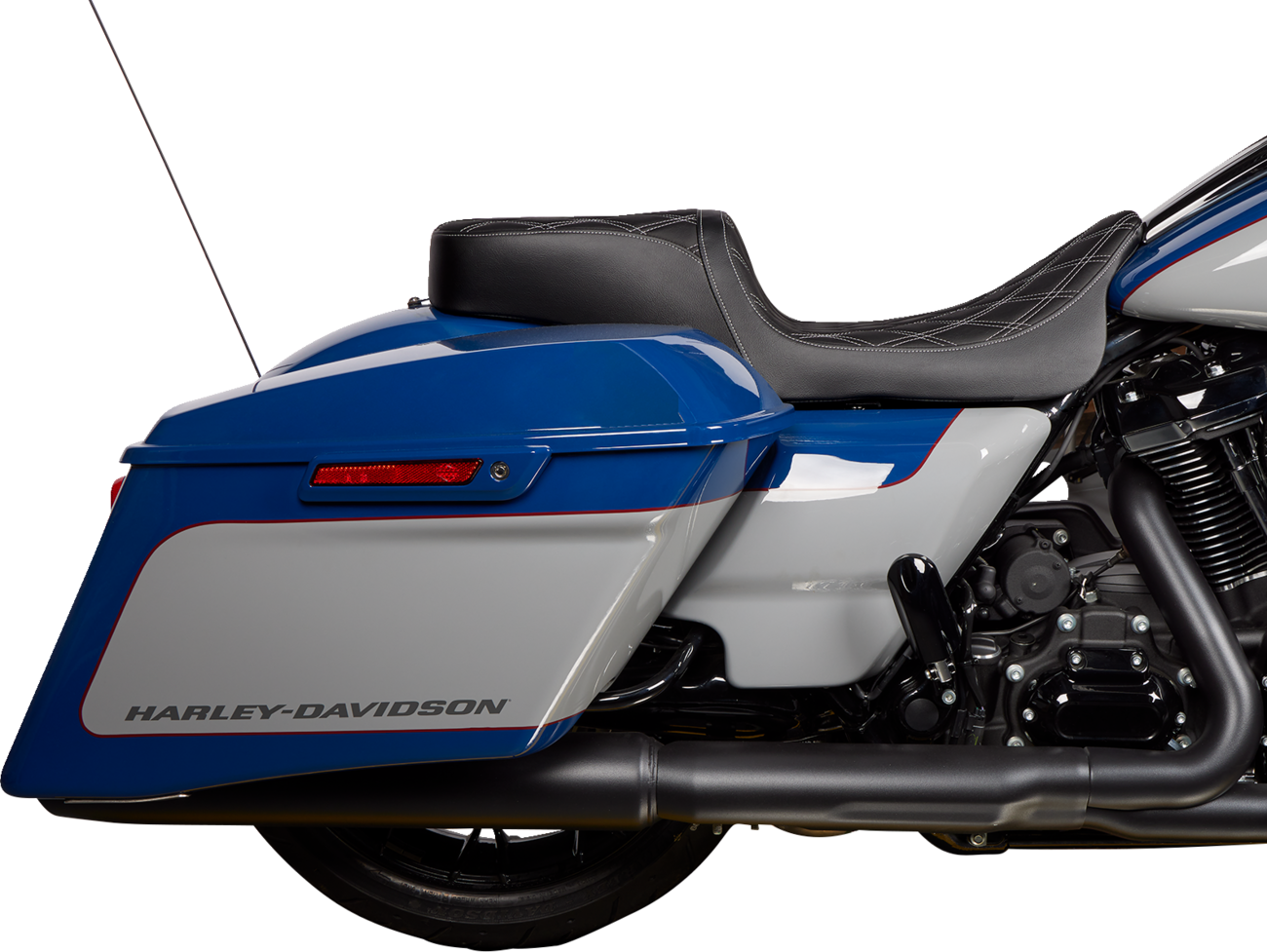 Drag Specialties Predator 2-up seat with vinyl cover and silver double diamond stitching for Harley FL 2008-2023.