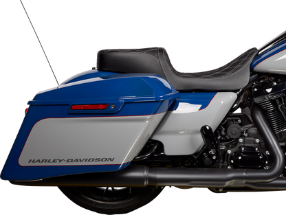 Drag Specialties Predator 2-up seat with vinyl cover and silver double diamond stitching for Harley FL 2008-2023.