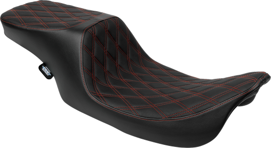 Drag Specialties Predator 2-up vinyl seat for Harley FL '97-'07 with double diamond pattern and red stitching, part 4695D.