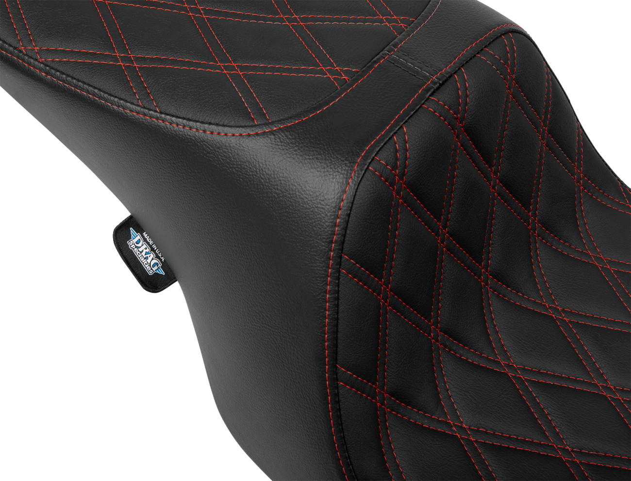 Drag Specialties Predator 2-up vinyl seat for Harley FL 97-07 with double diamond pattern and red stitching.