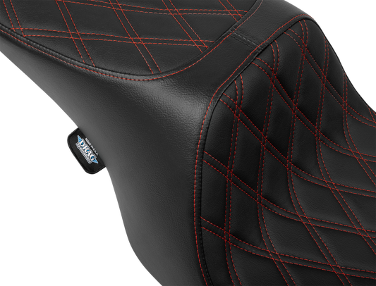 Drag Specialties Predator 2-up vinyl seat for Harley FL 97-07 with double diamond pattern and red stitching.