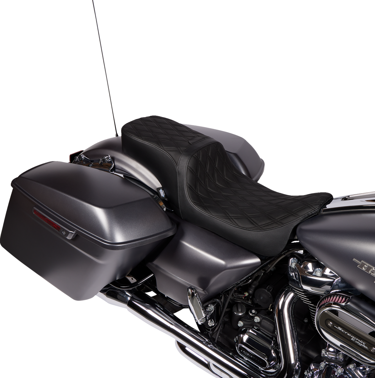 Drag Specialties Predator 2-up vinyl seat with double diamond pattern for Harley FLH/FLTR models from 2008-2023.