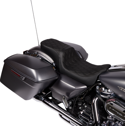 Drag Specialties Predator 2-up vinyl seat with double diamond pattern for Harley FLH/FLTR models from 2008-2023.