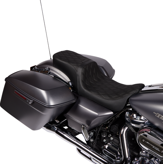 Drag Specialties Predator 2-up vinyl seat with double diamond pattern for Harley FLH/FLTR models from 2008-2023.