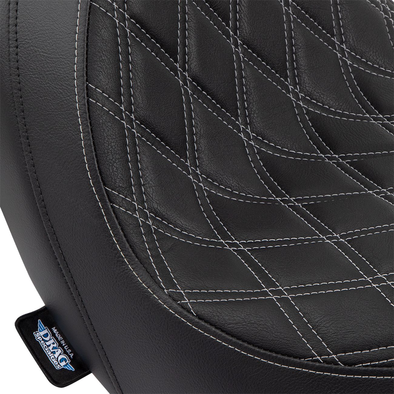Drag Specialties Predator Double Diamond vinyl seat with silver stitching for Harley-Davidson FLSB/FXLR, 2018-2023, shown from side view.