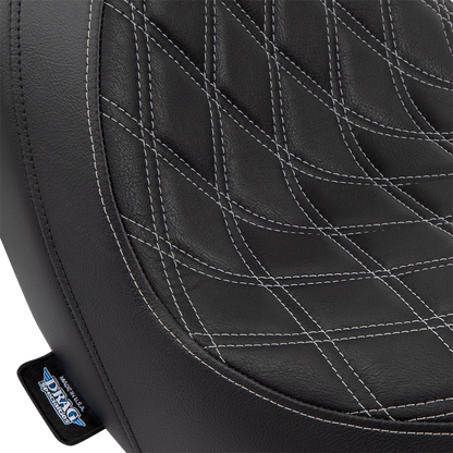 Drag Specialties Predator Double Diamond vinyl seat with silver stitching for Harley-Davidson FLSB/FXLR, 2018-2023, shown from side view.