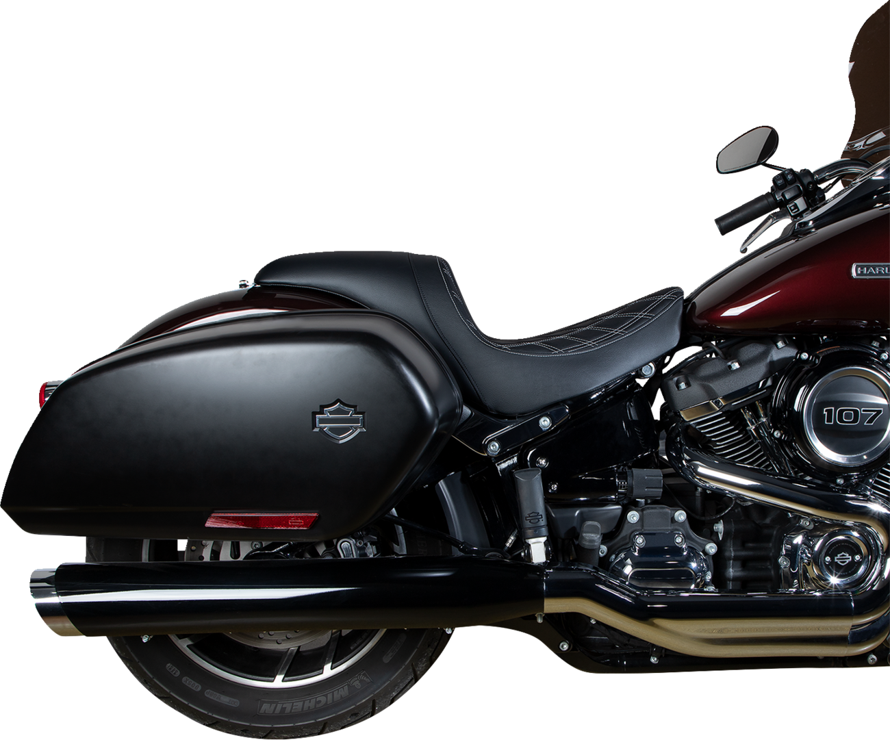 Drag Specialties Predator Double Diamond vinyl seat with silver stitching for Harley-Davidson FLSB/FXLR 2018-2023.