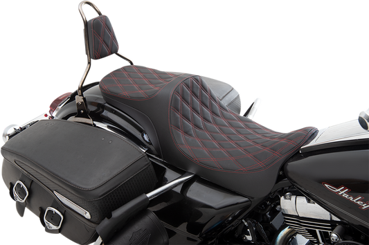 Drag Specialties Predator III 2-up seat with double diamond red thread for Harley-Davidson FL models 2008-2023.