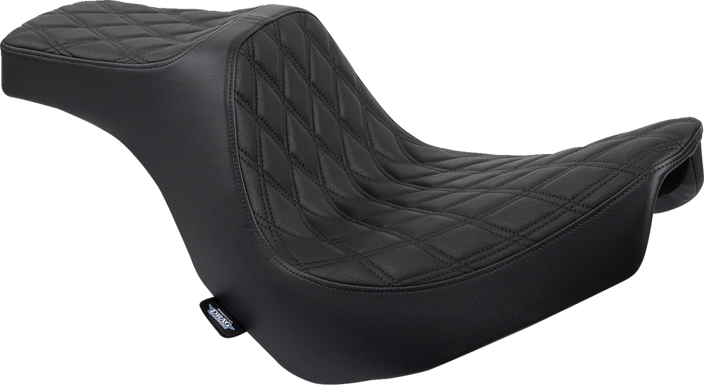 Drag Specialties Predator III 2-up motorcycle seat for FL/FX 2018-2024, black vinyl with double diamond pattern and black stitching.