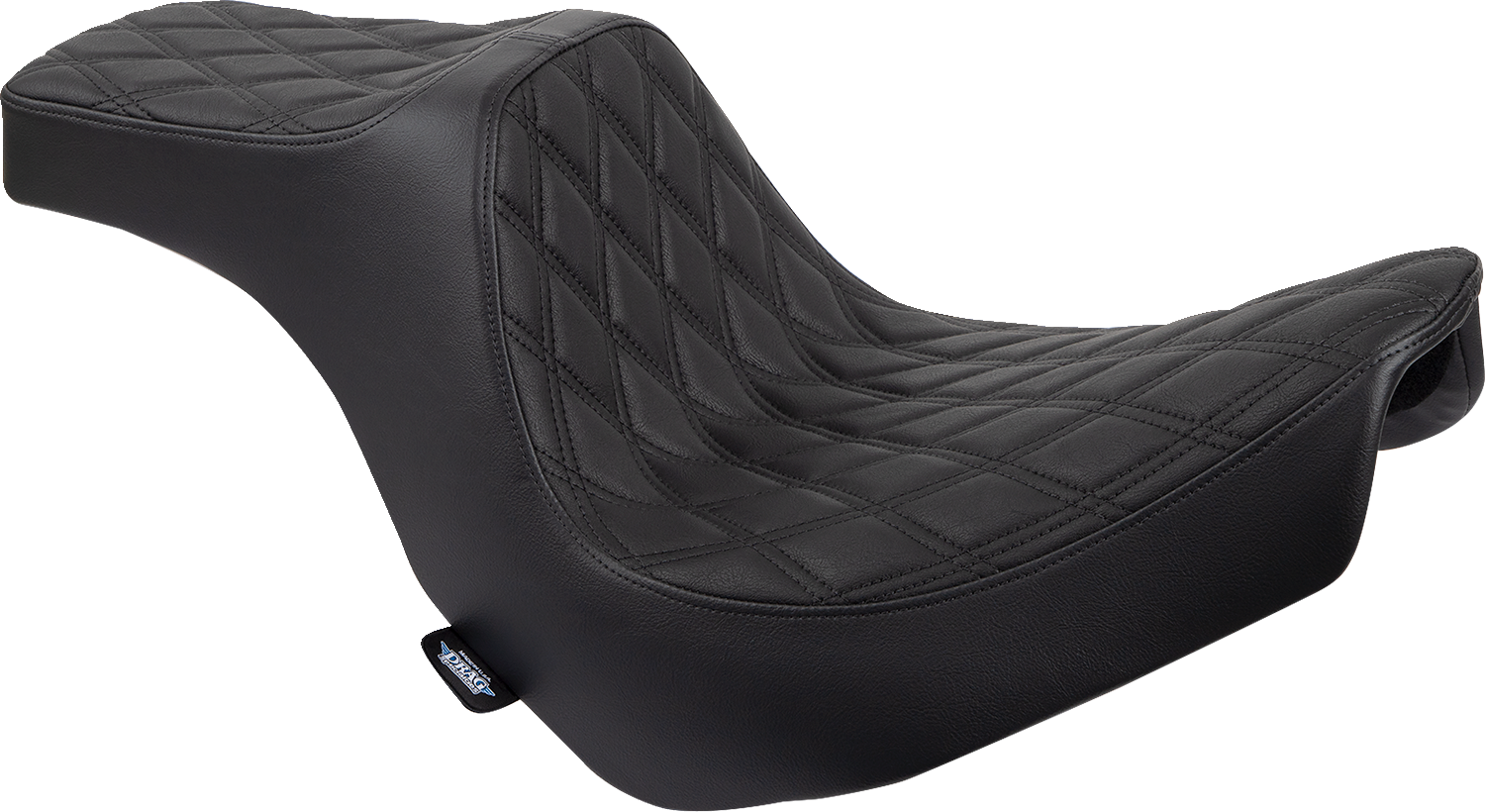 Drag Specialties Predator III 2-up motorcycle seat for FL/FX 2018-2024, black vinyl with double diamond pattern and black stitching.