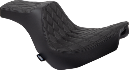 Drag Specialties Predator III 2-up motorcycle seat for FL/FX 2018-2024, black vinyl with double diamond pattern and black stitching.