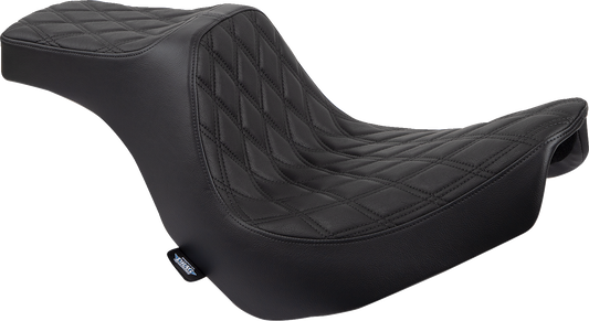 Drag Specialties Predator III 2-up motorcycle seat for FL/FX 2018-2024, black vinyl with double diamond pattern and black stitching.