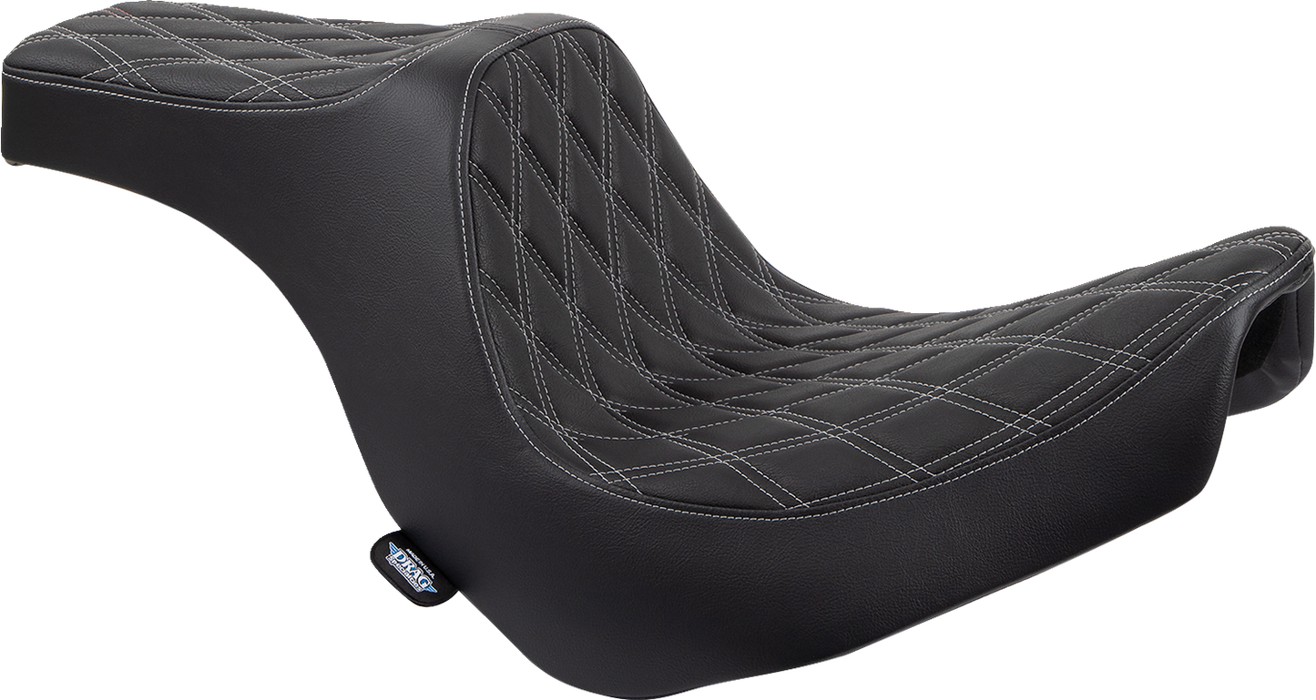 Drag Specialties Predator III 2-up motorcycle seat for FL/FX 2018-2024 with vinyl cover and double diamond silver stitching.