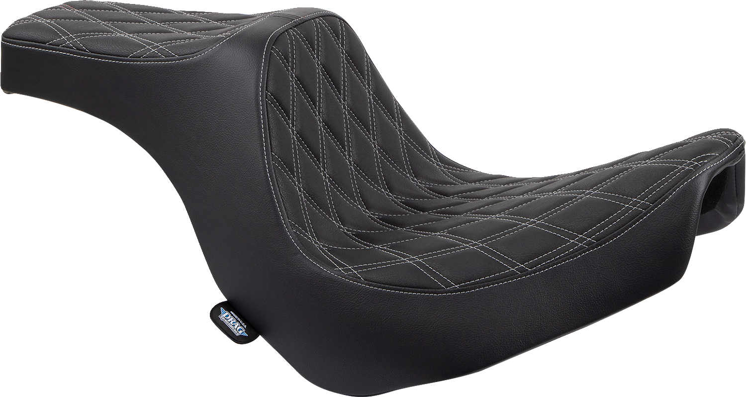 Drag Specialties Predator III 2-up motorcycle seat for FL/FX 2018-2024 with vinyl cover and double diamond silver stitching.