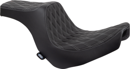 Drag Specialties Predator III 2-up motorcycle seat for FL/FX 2018-2024 with vinyl cover and double diamond silver stitching.