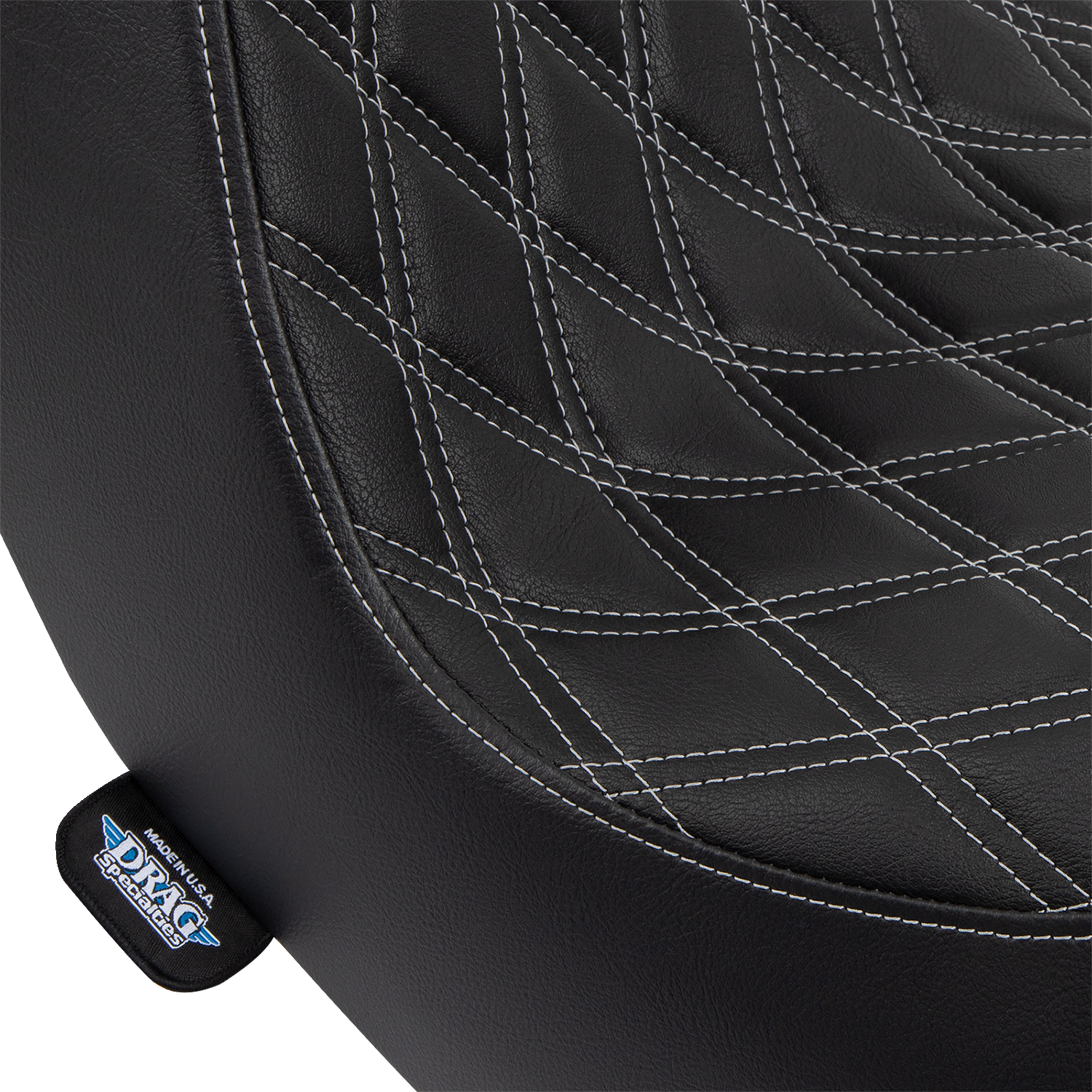 Drag Specialties Predator III 2-up motorcycle seat for FL/FX 2018-2024 with vinyl cover and silver diamond stitching.