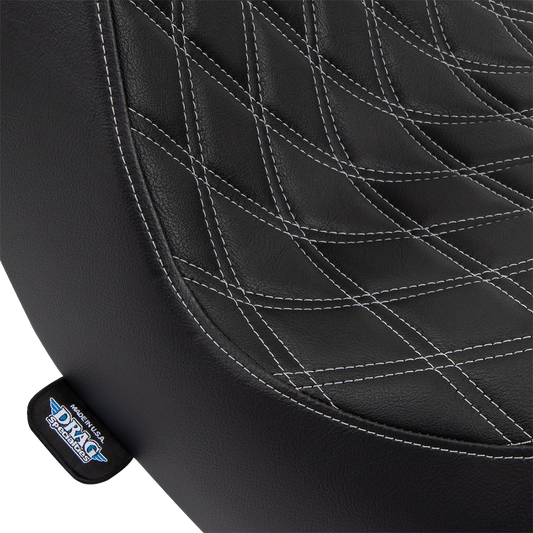 Drag Specialties Predator III 2-up motorcycle seat for FL/FX 2018-2024 with vinyl cover and silver diamond stitching.