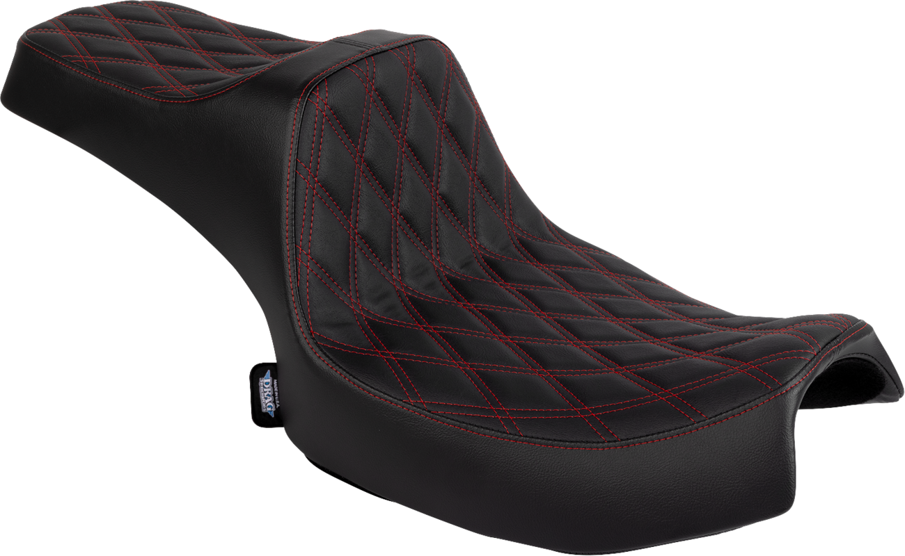 Drag Specialties Predator III 2-up seat for Indian Chieftain and Challenger with red stitching and double diamond vinyl pattern.