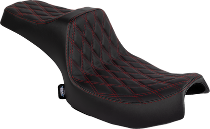 Drag Specialties Predator III 2-up seat for Indian Chieftain and Challenger with red stitching and double diamond vinyl pattern.