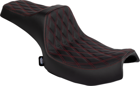 Drag Specialties Predator III 2-up seat for Indian Chieftain and Challenger with red stitching and double diamond vinyl pattern.