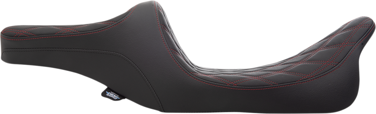 Drag Specialties Predator III 2-up seat for Harley FL 1999-2007 with red double diamond stitching, durable motorcycle seat.