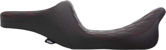Drag Specialties Predator III 2-up seat for Harley FL 1999-2007 with red double diamond stitching, durable motorcycle seat.