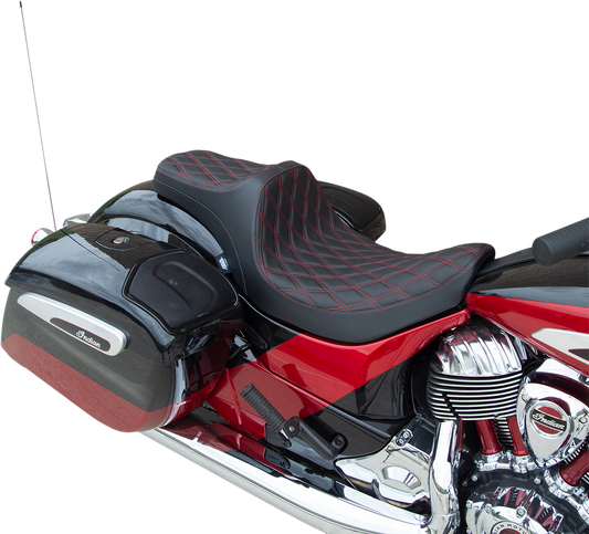 DRAG SPECIALTIES SEATS Predator III Double Diamond Seat with red stitching for Indian bikes 2014-2022, vinyl cover, molded foam.