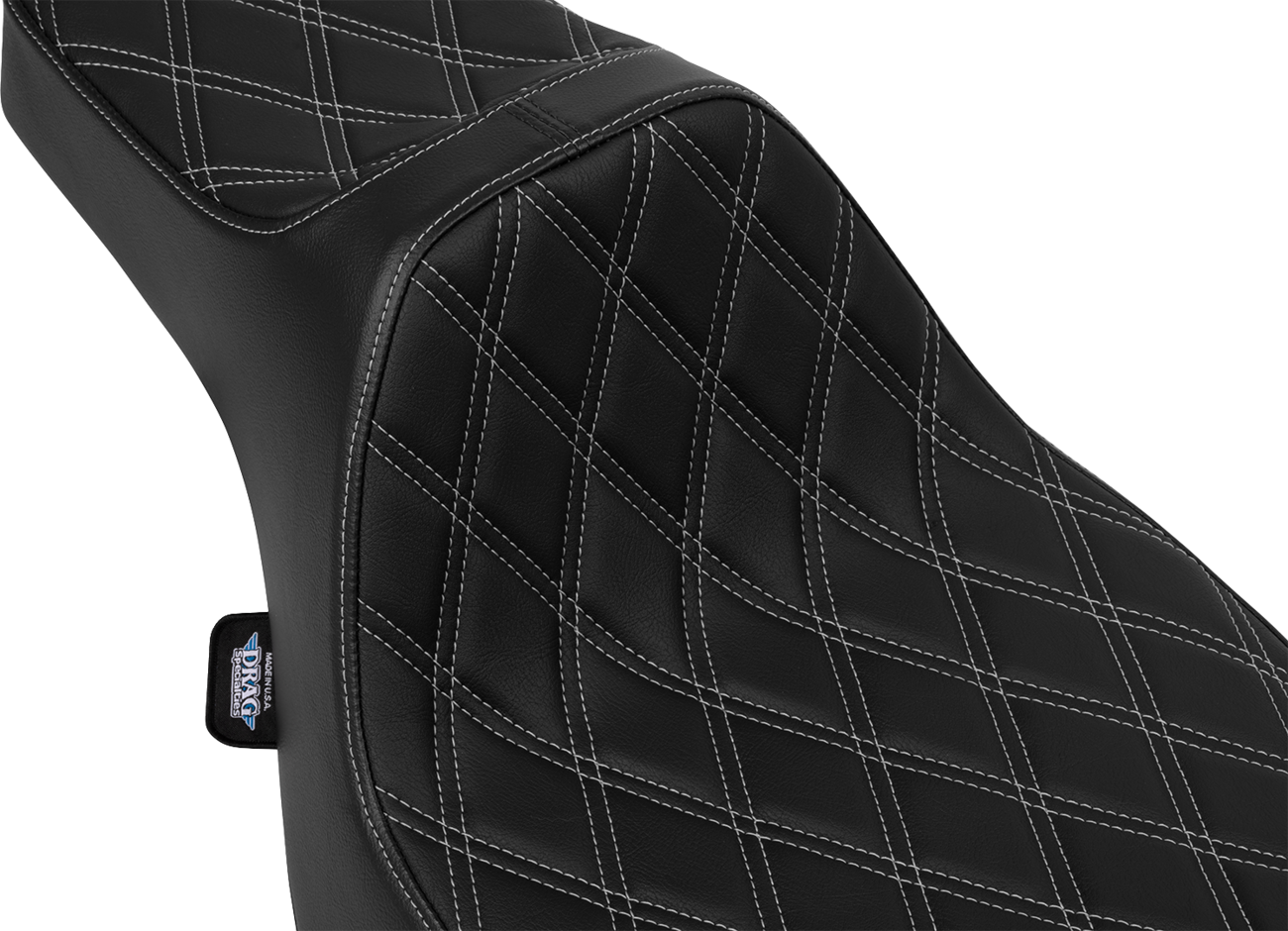 Drag Specialties Predator III extended reach seat for FLT/FLH 2023-2025, silver double diamond stitch, motorcycle seating accessory.