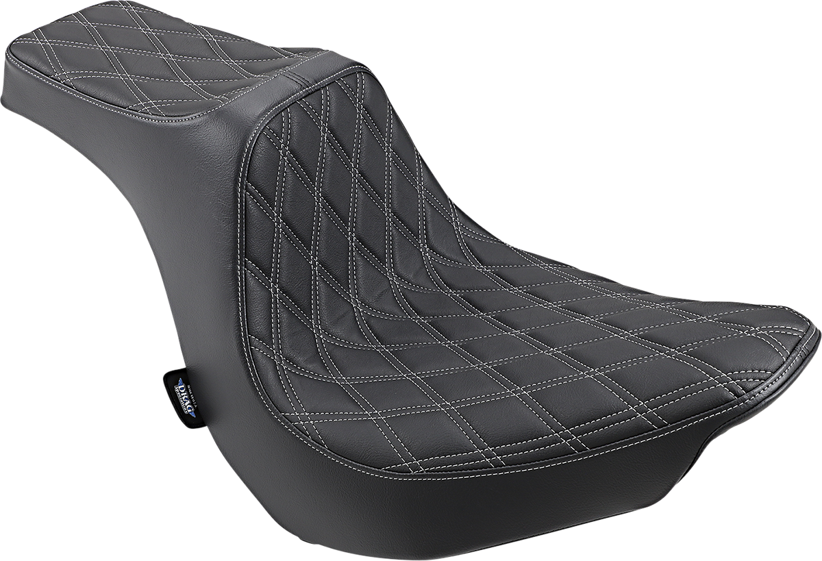 Drag Specialties Predator III Seat for Harley FLFB 2018-2025 with double diamond silver stitching, featuring sleek black leather upholstery.
