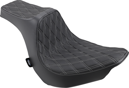 Drag Specialties Predator III Seat for Harley FLFB 2018-2025 with double diamond silver stitching, featuring sleek black leather upholstery.