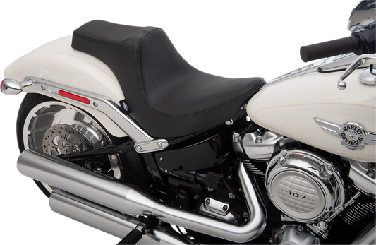 Black Drag Specialties Predator III seat for Harley FXBR/S 2018-2022, smooth finish, motorcycle seat with contoured design.