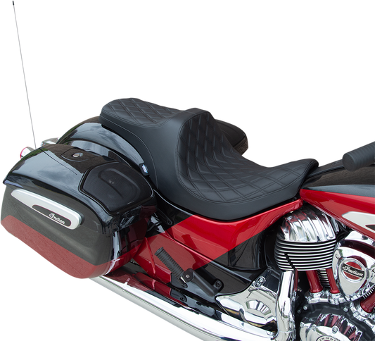 Drag Specialties Predator III seat for Indian motorcycles 2014-2022 with black double diamond stitching and forward positioning.