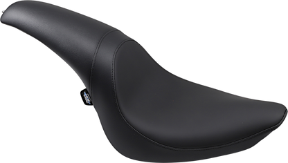 Black smooth Drag Specialties Predator Seat for Harley FL/FX 2006-2017, motorcycle seat with sleek design for Harley Davidson bikes.