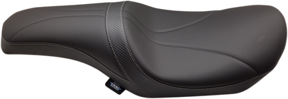 Harley-Davidson FL Predator Seat by Drag Specialties with mild stitching, designed for 2008-2023 models, shown with Yaffe gas tank.