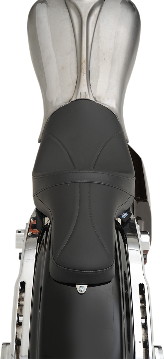 DRAG SPECIALTIES SEATS Predator Seat with mild stitching for Harley FL 2008-2023, shown with Yaffe gas tank.