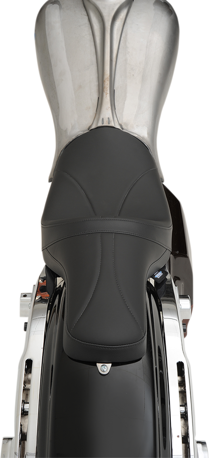 DRAG SPECIALTIES SEATS Predator Seat with mild stitching for Harley FL 2008-2023, shown with Yaffe gas tank.