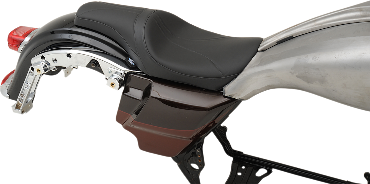 Drag Specialties Predator Seat with mild stitching for Harley FL (2008-2023), shown with Yaffe gas tank, black leather upholstery.