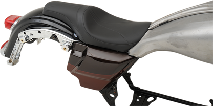 Drag Specialties Predator Seat with mild stitching for Harley FL (2008-2023), shown with Yaffe gas tank, black leather upholstery.
